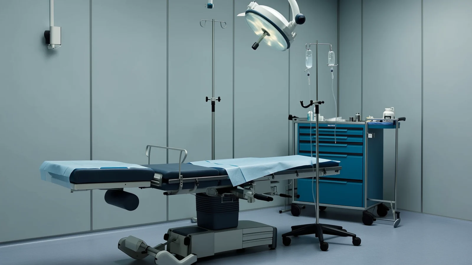 Μικρή αίθουσα ημερήσιας χειρουργικής με εξεταστικό κρεβάτι και τροχήλατο εργαλείων