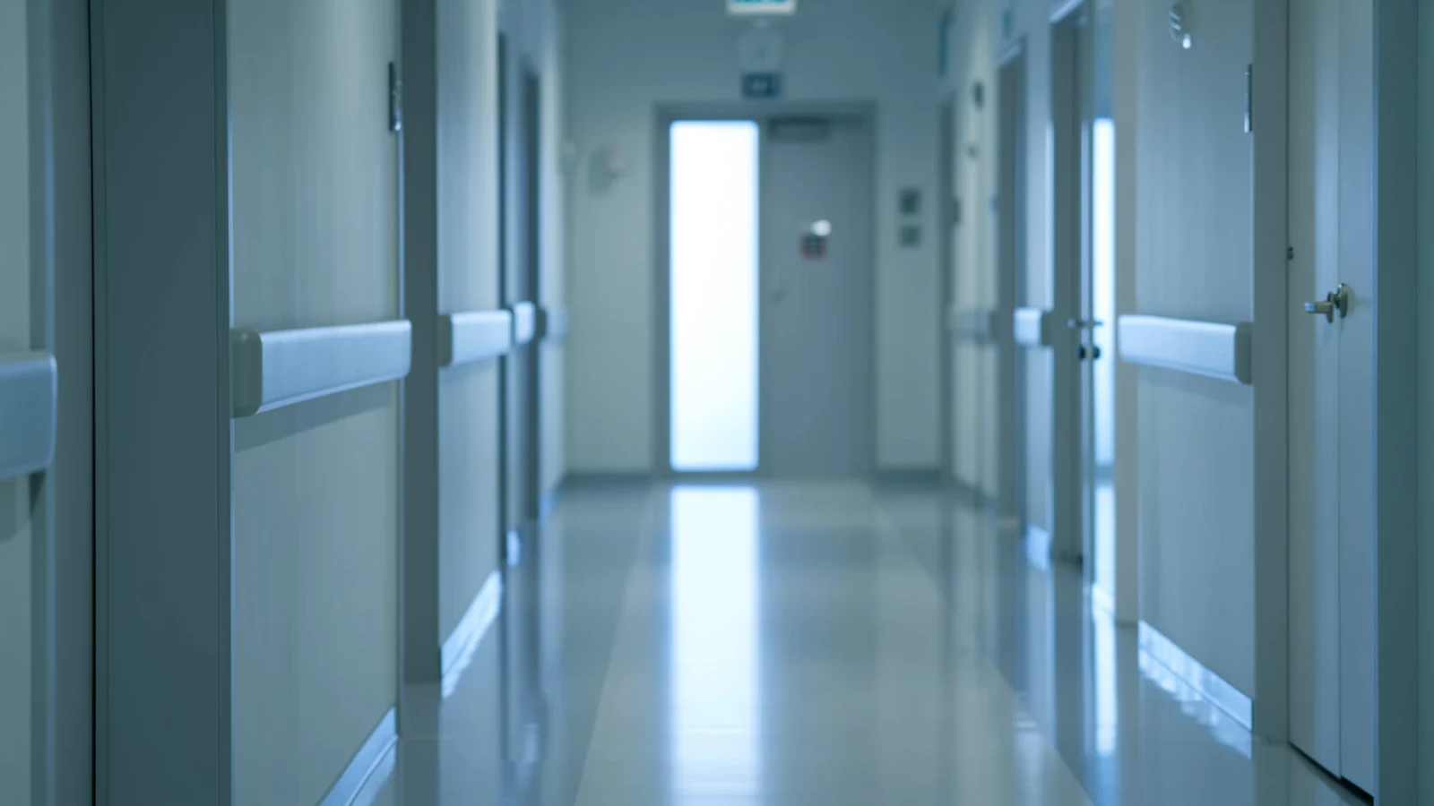 Ήσυχος διάδρομος νοσοκομείου που οδηγεί σε φωτισμένη πόρτα