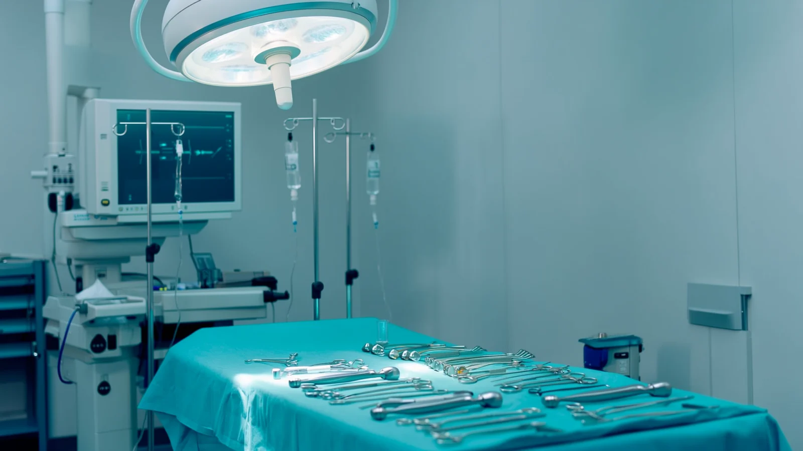 Χειρουργείο έτοιμο για επέμβαση άνω κοιλίας, με στρωμένα εργαλεία κάτω από τον προβολέα